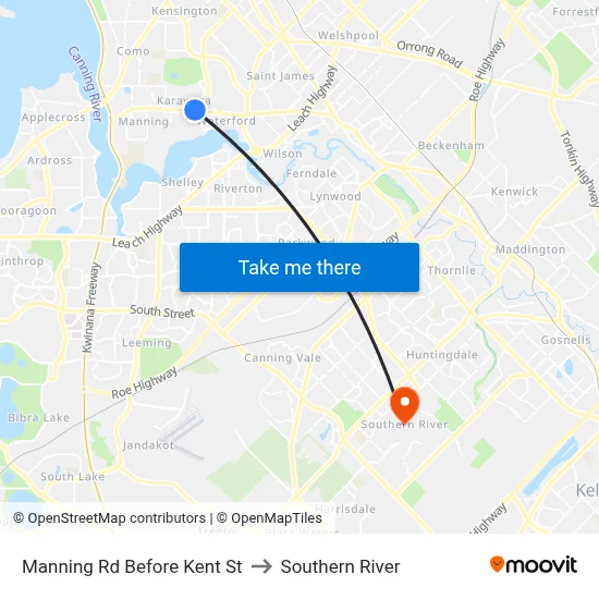 Manning Rd Before Kent St to Southern River map