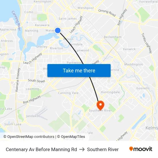 Centenary Av Before Manning Rd to Southern River map