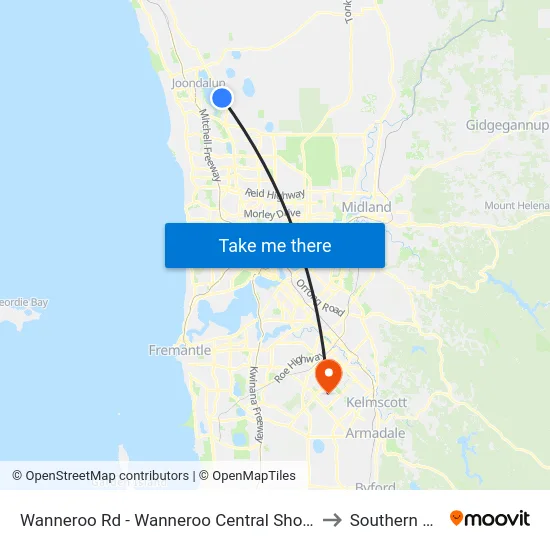 Wanneroo Rd - Wanneroo Central Shopping Ctr to Southern River map