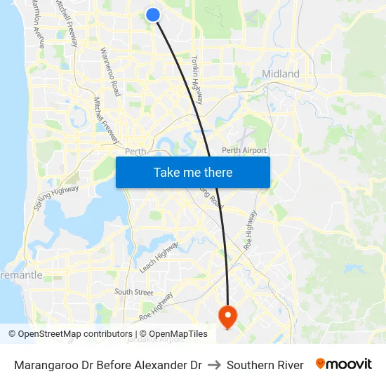 Marangaroo Dr Before Alexander Dr to Southern River map