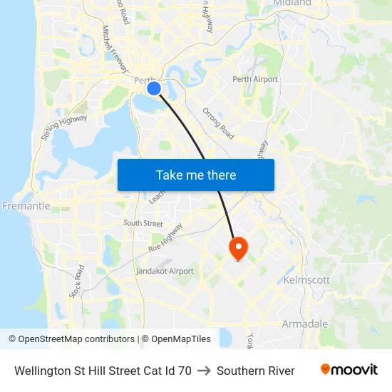 Wellington St Hill Street Cat Id 70 to Southern River map