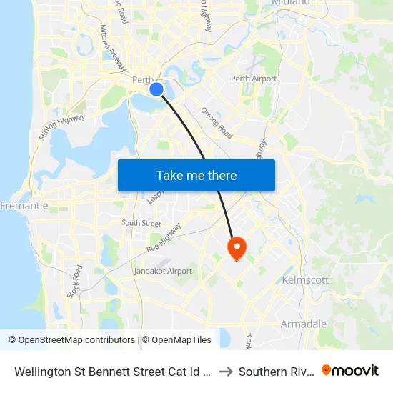 Wellington St Bennett Street Cat Id 53 to Southern River map