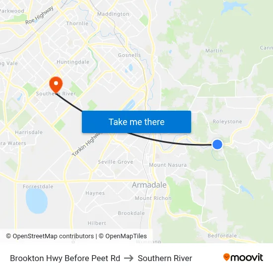 Brookton Hwy Before Peet Rd to Southern River map