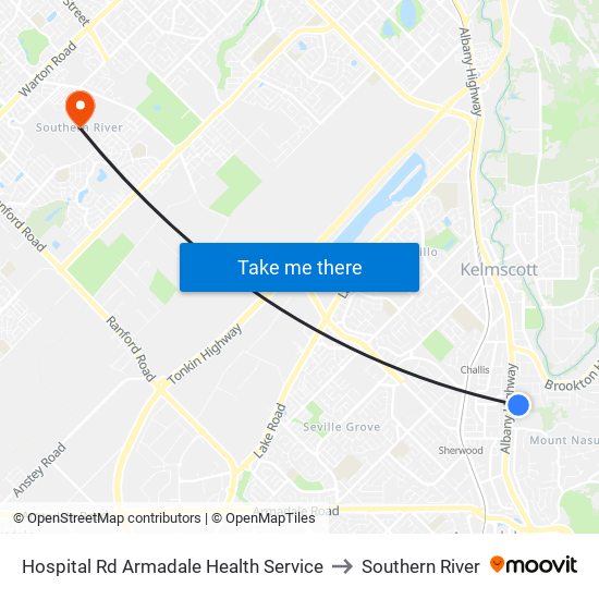 Hospital Rd Armadale Health Service to Southern River map