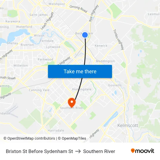 Brixton St Before Sydenham St to Southern River map
