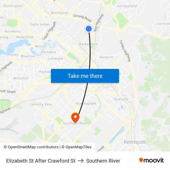 Elizabeth St After Crawford St to Southern River map