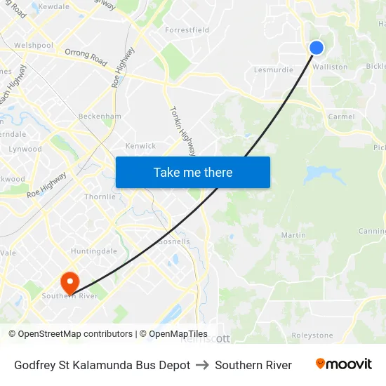 Godfrey St Kalamunda Bus Depot to Southern River map
