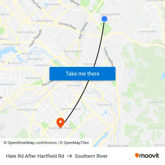 Hale Rd After Hartfield Rd to Southern River map