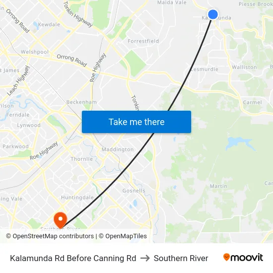 Kalamunda Rd Before Canning Rd to Southern River map