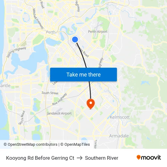 Kooyong Rd Before Gerring Ct to Southern River map