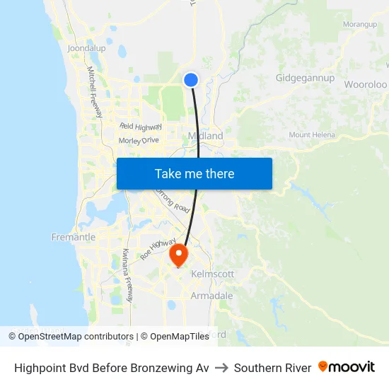 Highpoint Bvd Before Bronzewing Av to Southern River map