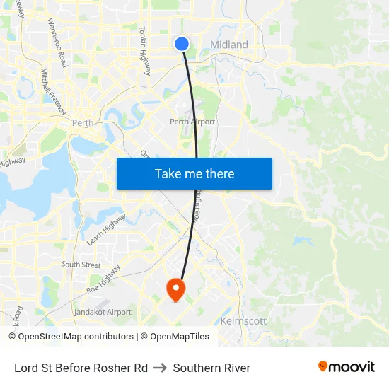 Lord St Before Rosher Rd to Southern River map