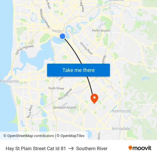 Hay St Plain Street Cat Id 81 to Southern River map
