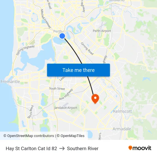 Hay St Carlton Cat Id 82 to Southern River map