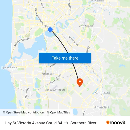 Hay St Victoria Avenue Cat Id 84 to Southern River map