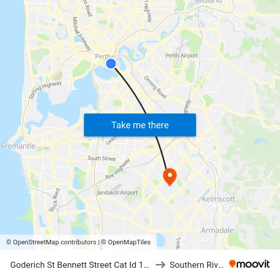 Goderich St Bennett Street Cat Id 103 to Southern River map