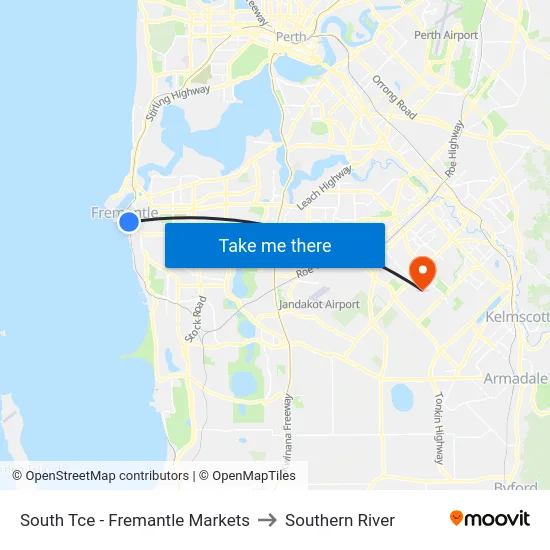 South Tce - Fremantle Markets to Southern River map