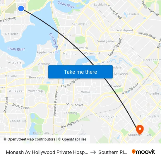 Monash Av Hollywood Private Hospital to Southern River map