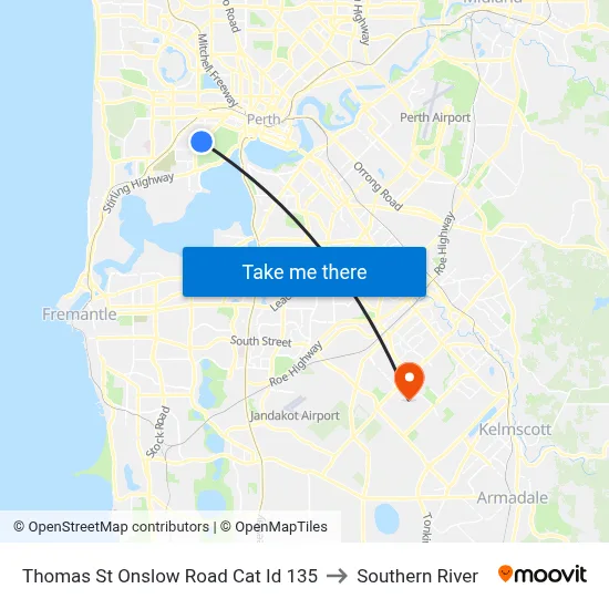 Thomas St Onslow Road Cat Id 135 to Southern River map