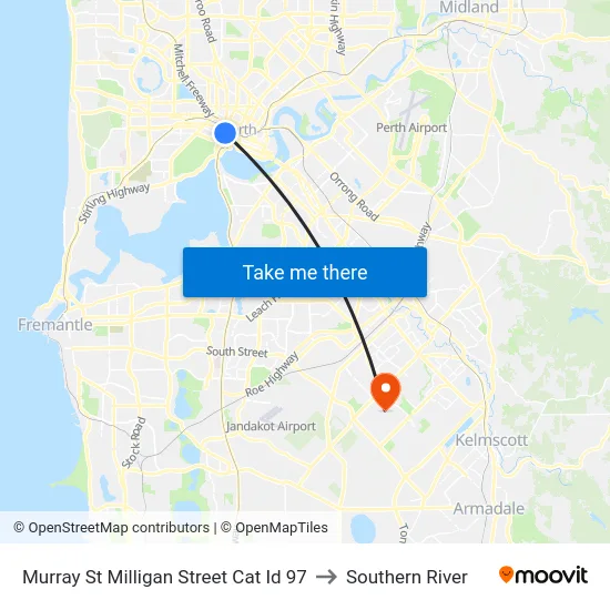 Murray St Milligan Street Cat Id 97 to Southern River map