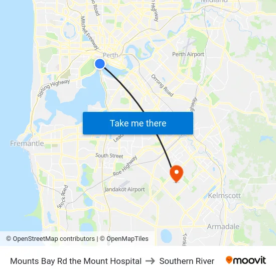 Mounts Bay Rd the Mount Hospital to Southern River map