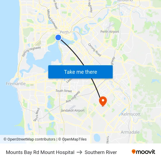 Mounts Bay Rd Mount Hospital to Southern River map
