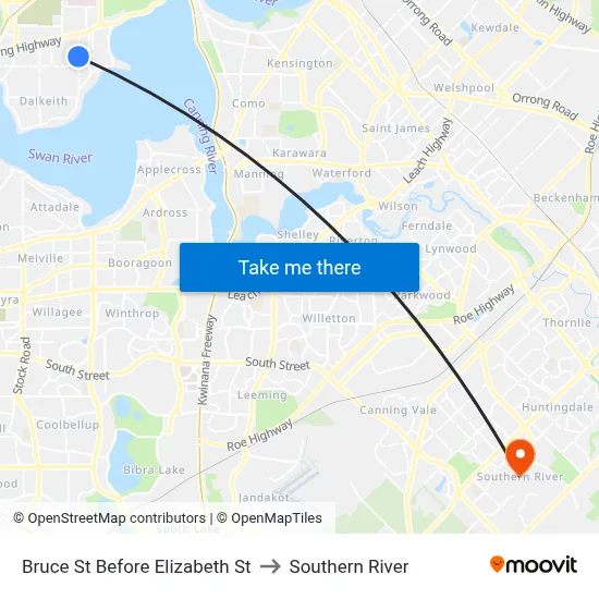 Bruce St Before Elizabeth St to Southern River map