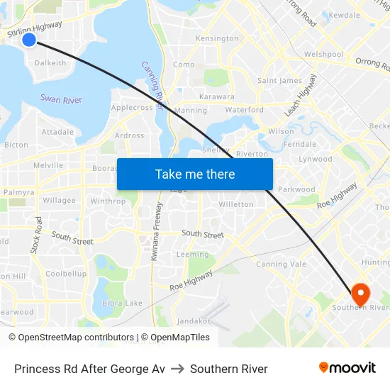 Princess Rd After George Av to Southern River map