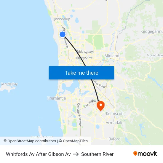 Whitfords Av After Gibson Av to Southern River map