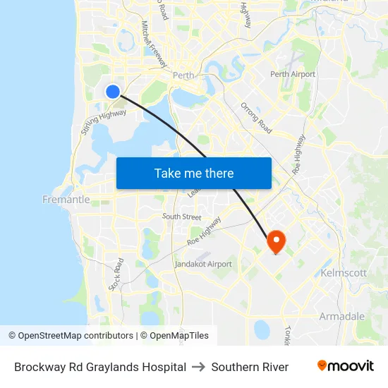 Brockway Rd Graylands Hospital to Southern River map