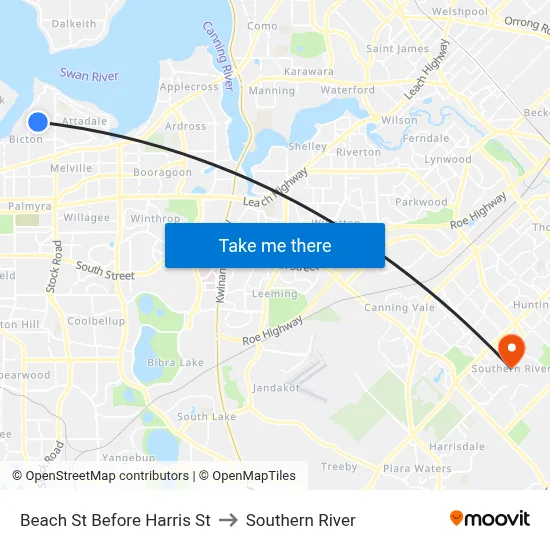 Beach St Before Harris St to Southern River map
