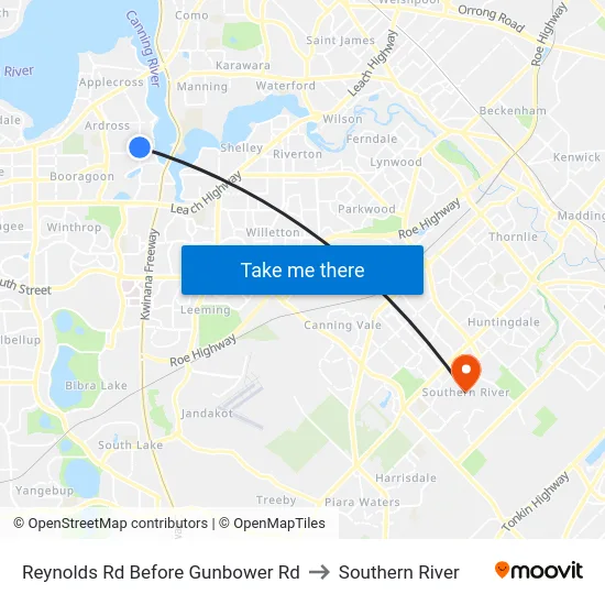 Reynolds Rd Before Gunbower Rd to Southern River map