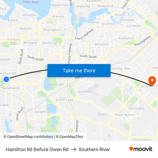 Hamilton Rd Before Owen Rd to Southern River map