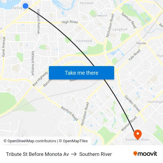 Tribute St Before Monota Av to Southern River map