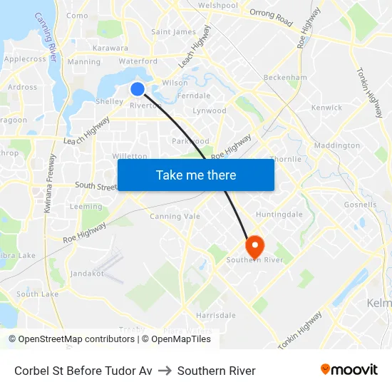 Corbel St Before Tudor Av to Southern River map