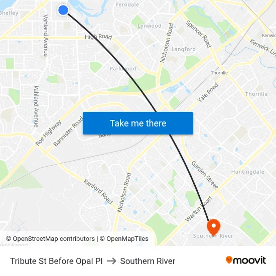 Tribute St Before Opal Pl to Southern River map