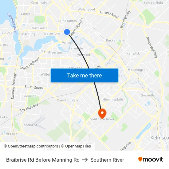 Braibrise Rd Before Manning Rd to Southern River map