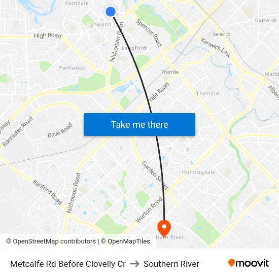 Metcalfe Rd Before Clovelly Cr to Southern River map