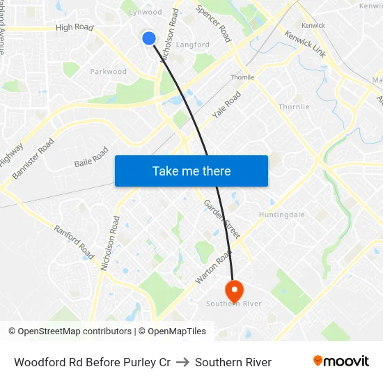 Woodford Rd Before Purley Cr to Southern River map