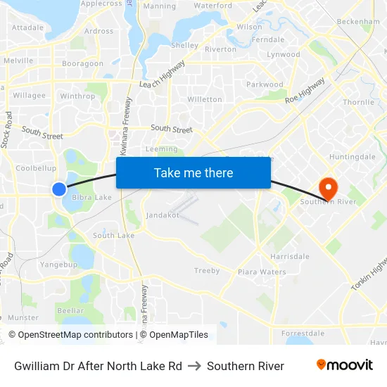 Gwilliam Dr After North Lake Rd to Southern River map