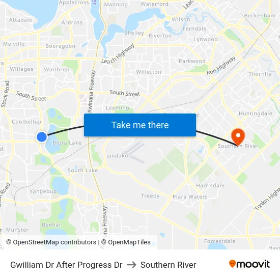 Gwilliam Dr After Progress Dr to Southern River map