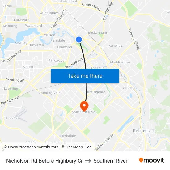 Nicholson Rd Before Highbury Cr to Southern River map