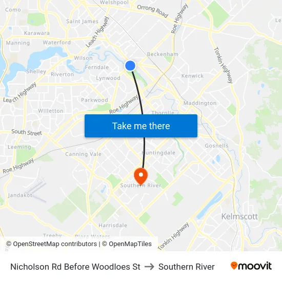 Nicholson Rd Before Woodloes St to Southern River map