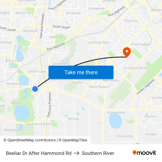 Beeliar Dr After Hammond Rd to Southern River map