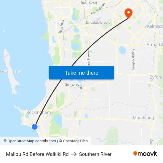 Malibu Rd Before Waikiki Rd to Southern River map