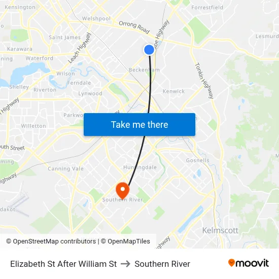 Elizabeth St After William St to Southern River map