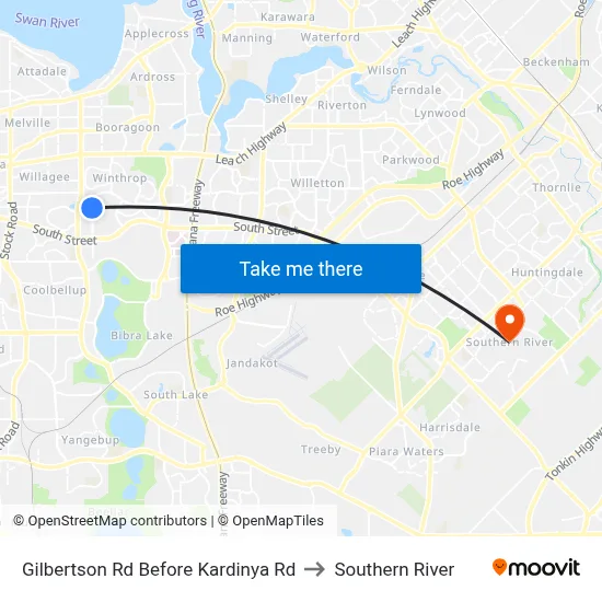 Gilbertson Rd Before Kardinya Rd to Southern River map