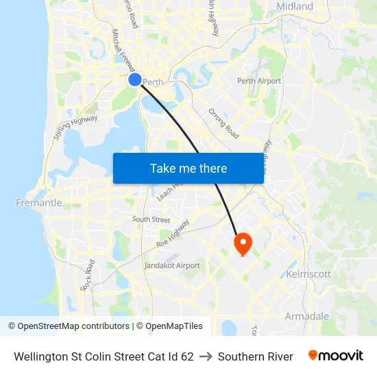 Wellington St Colin Street Cat Id 62 to Southern River map