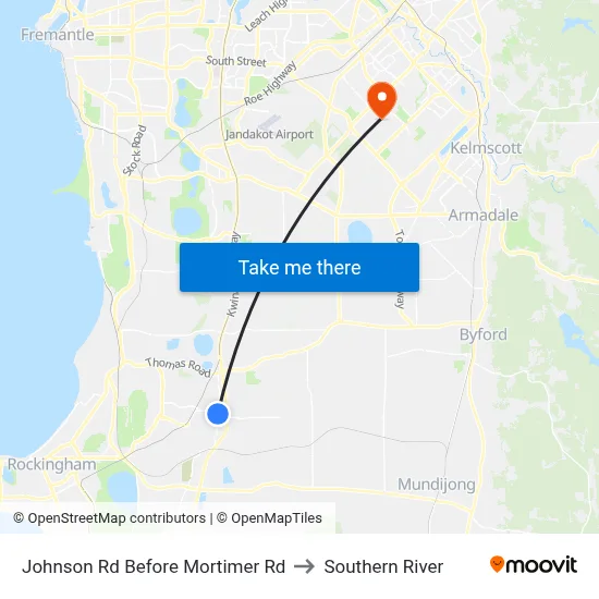 Johnson Rd Before Mortimer Rd to Southern River map