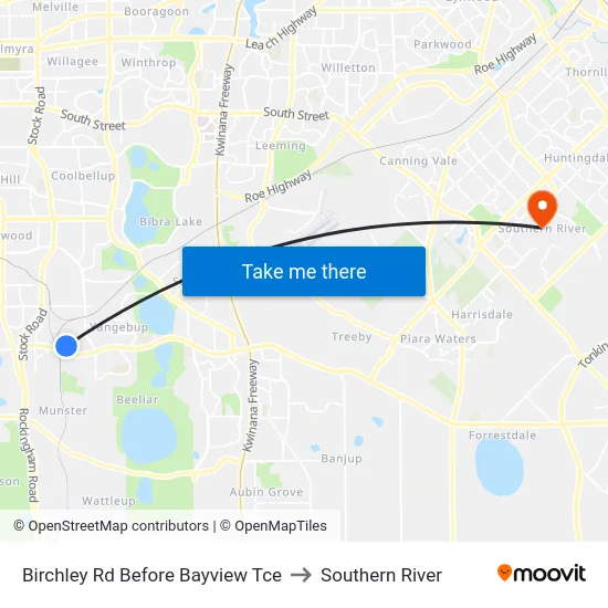 Birchley Rd Before Bayview Tce to Southern River map